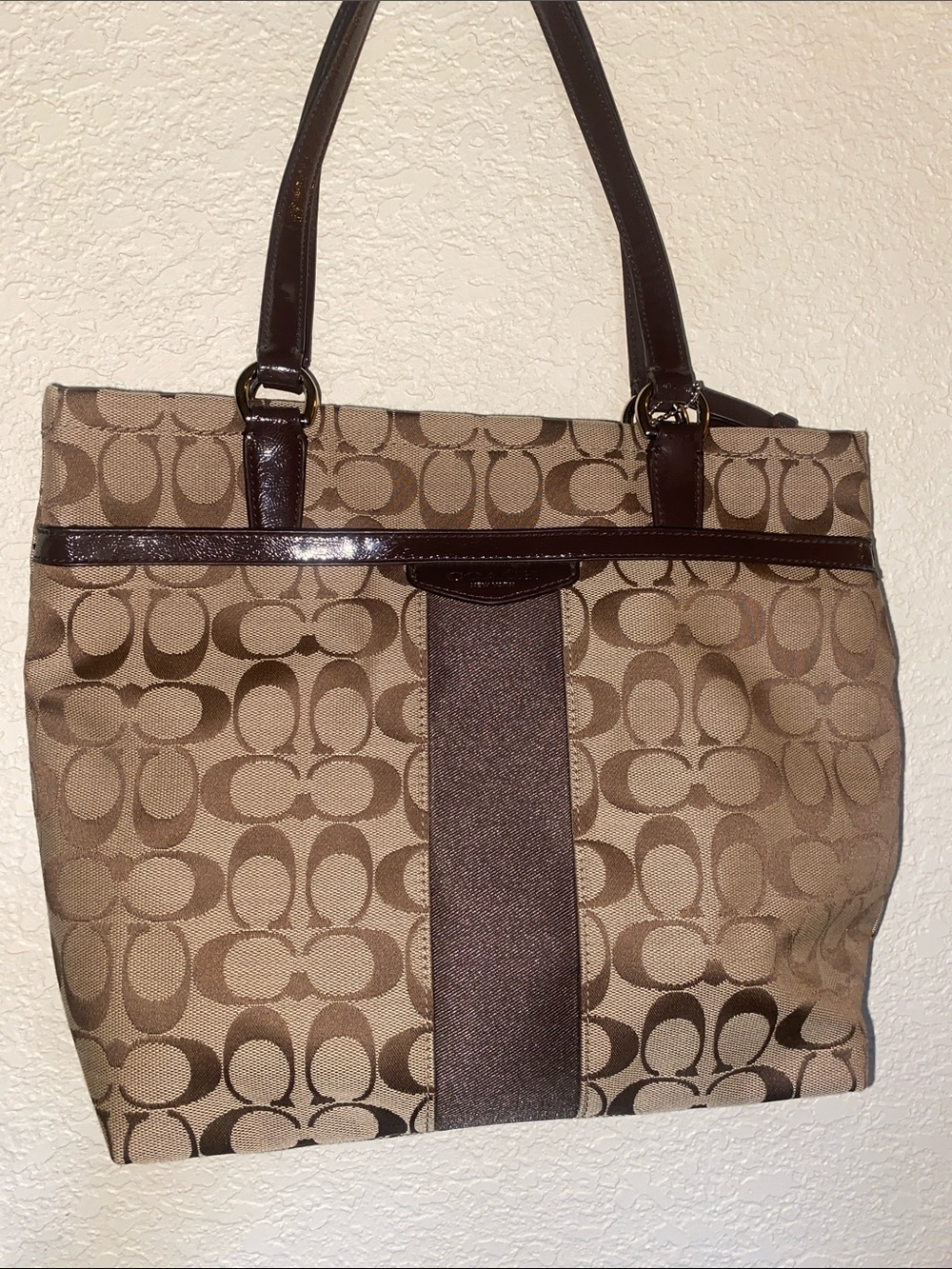 Coach Brown Signature Canvas Tote with Dark Brown Leather Trim